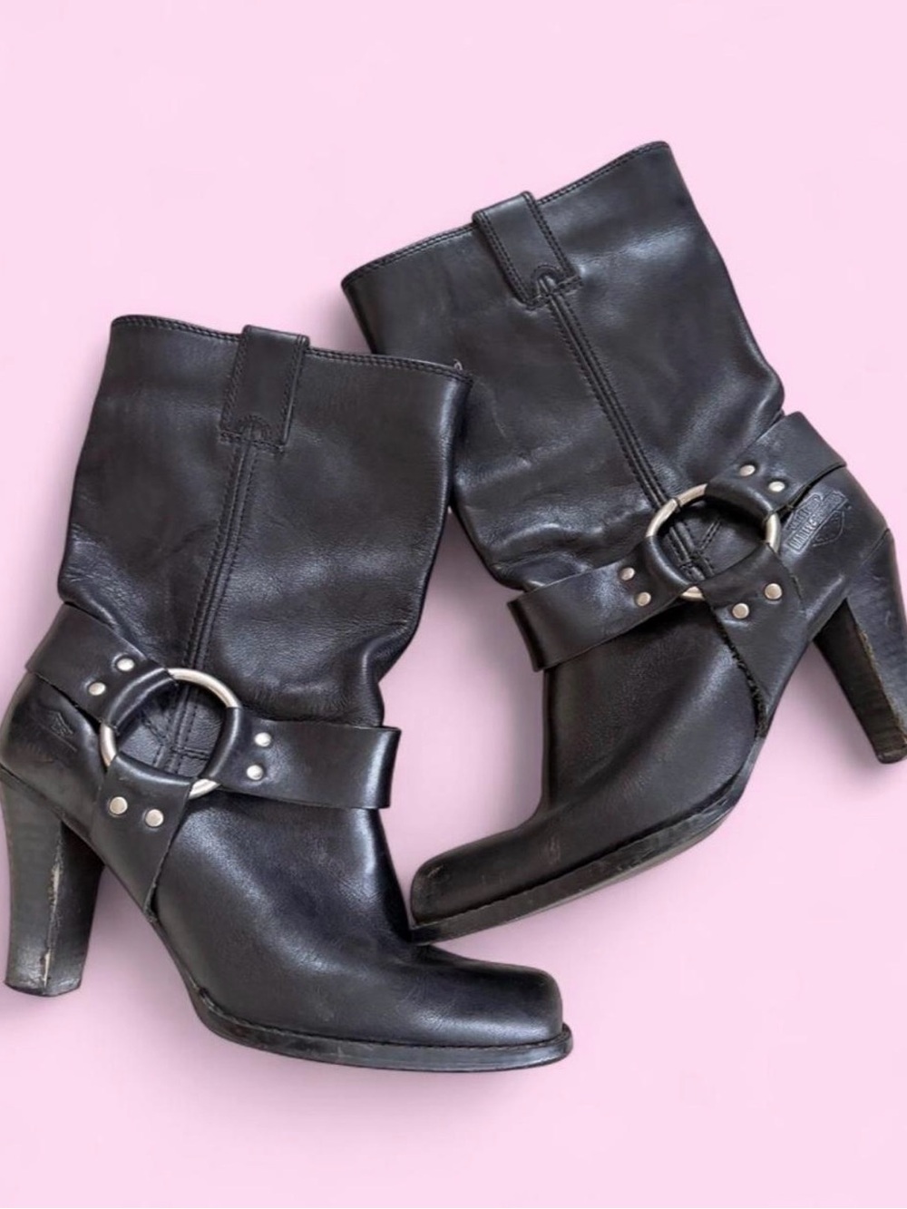 Harley-Davidson Black Leather Mid-Calf Heeled Boots with Ring Strap
